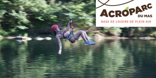A person descending the Tyro Splash giant water zipline at Acroparc du Mas in the Tarn Gorges