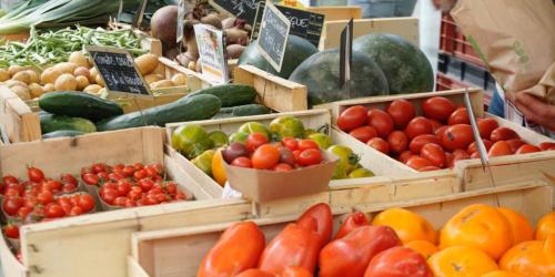 Fresh fruit and vegetable stall at a local market in Loz�re, near La Blaqui�re Campsite.